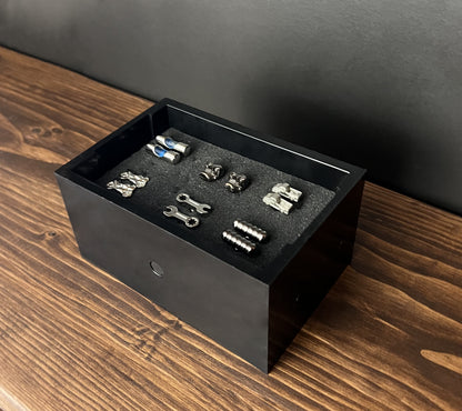 Black Cowan Cases earring, pendant, ring and cufflink case with pre-scored foam bed, filled with cufflinks